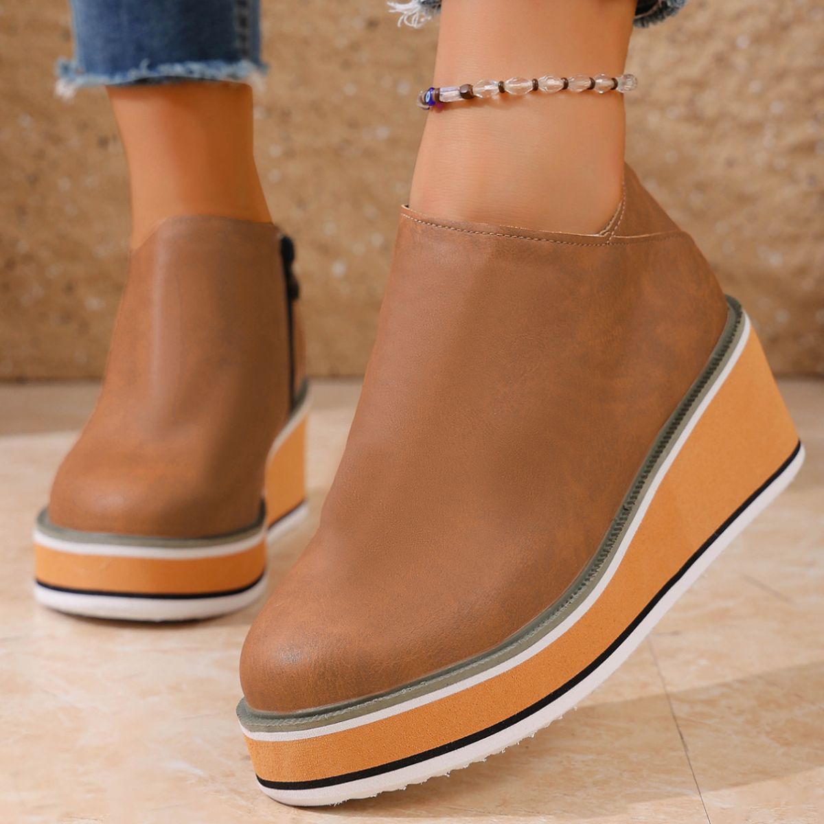 Round Toe Wedge Ankle Boots