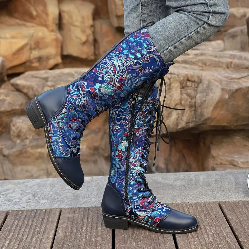 Embroidered Lace-Up Knee High Boots