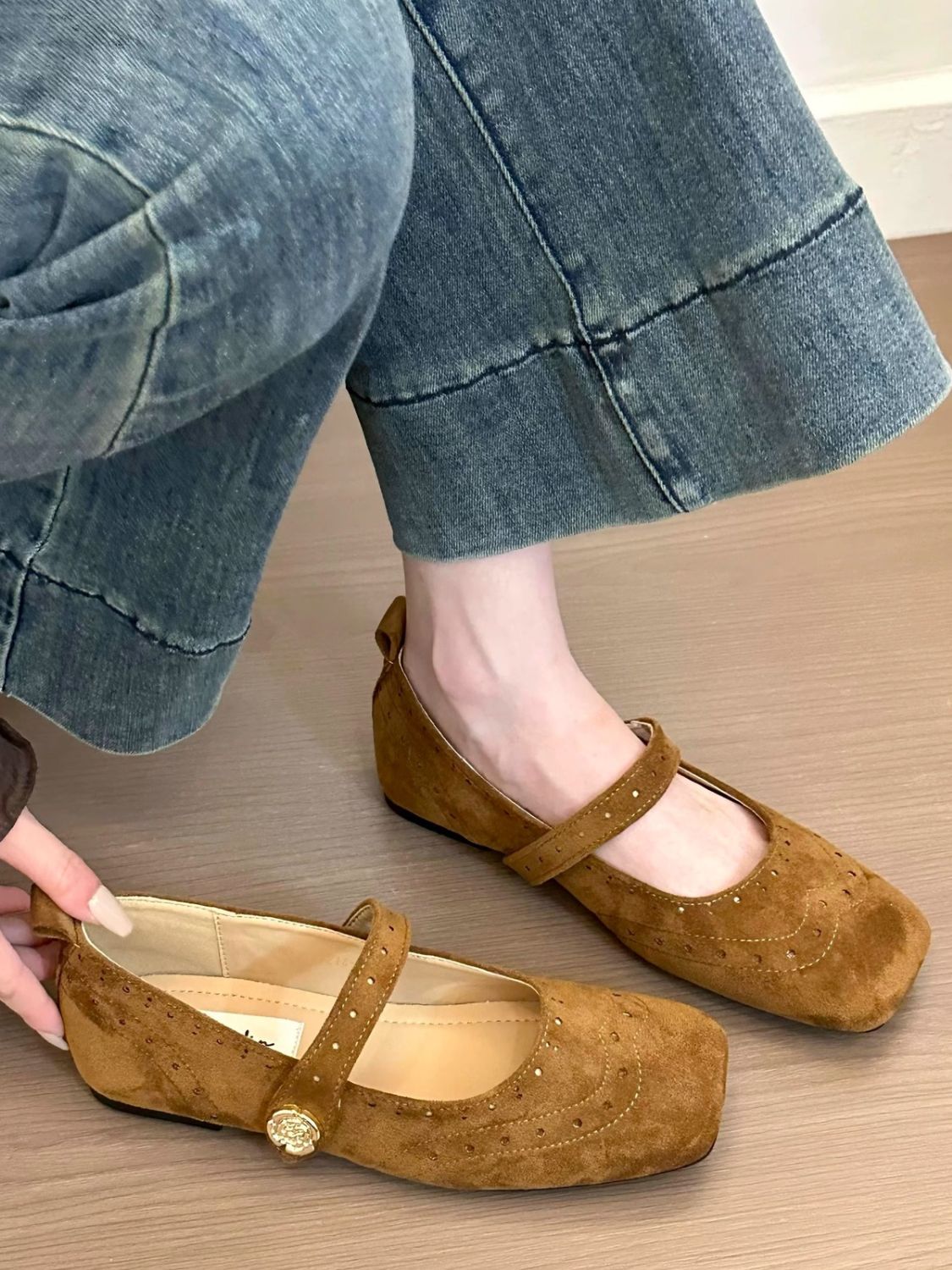 Eyelet Square Toe Flat Slip-Ons