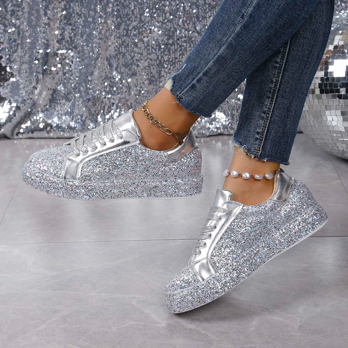 Sequin Lace Up Sneakers