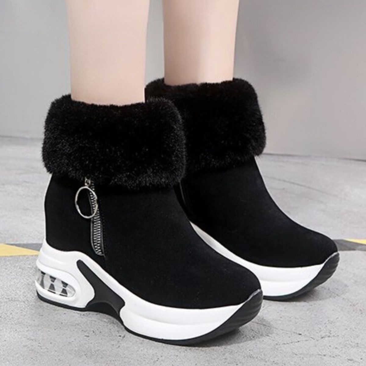 Fuzzy Side Zipper Platform Ankle Boots