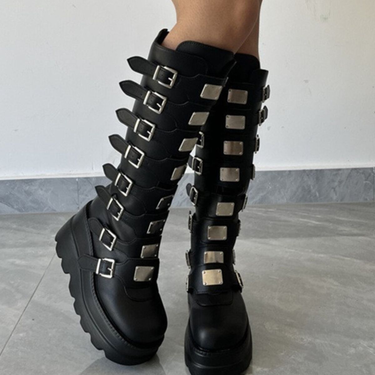 Multi-Buckle Platform Knee-High Boots
