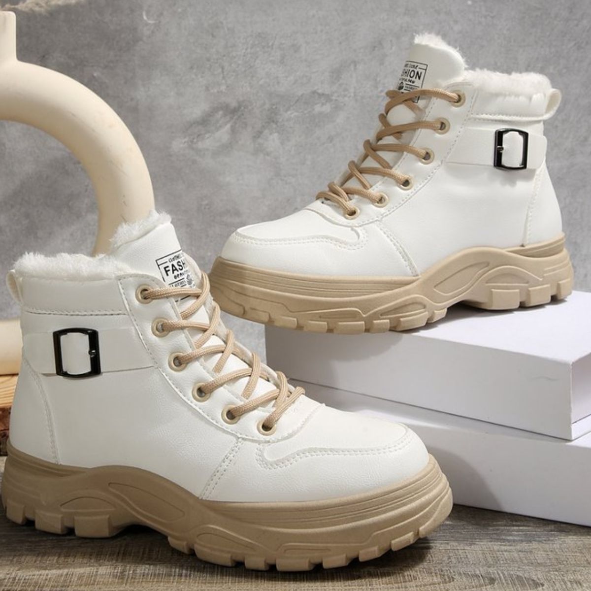 Warm Lined Ankle Boots with Buckle Detail