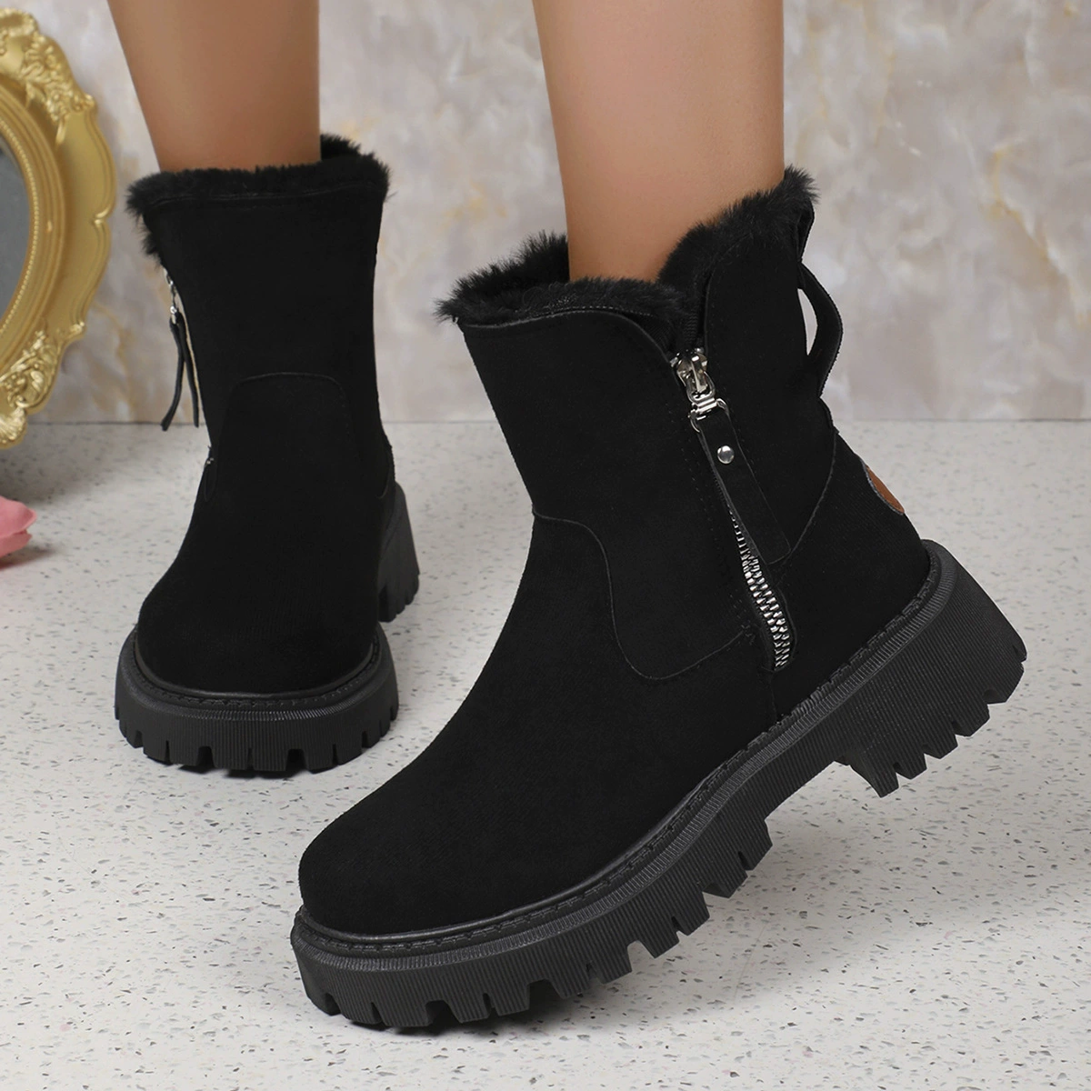 Fuzzy Lined Ankle Boots with Zipper