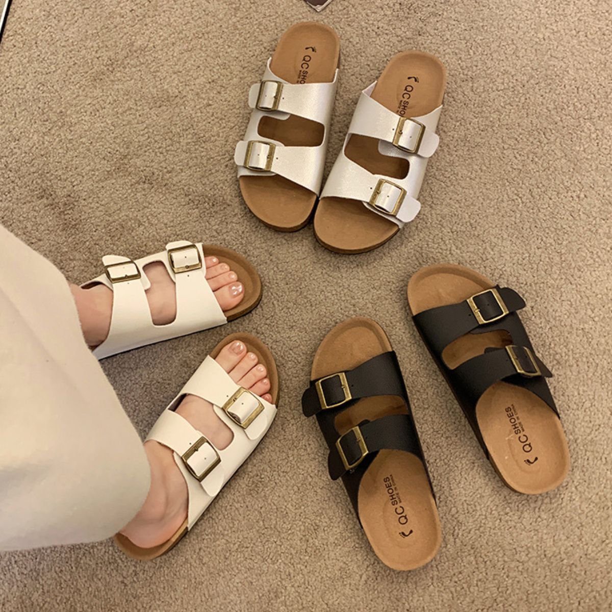 Double Buckle Flat Sandals