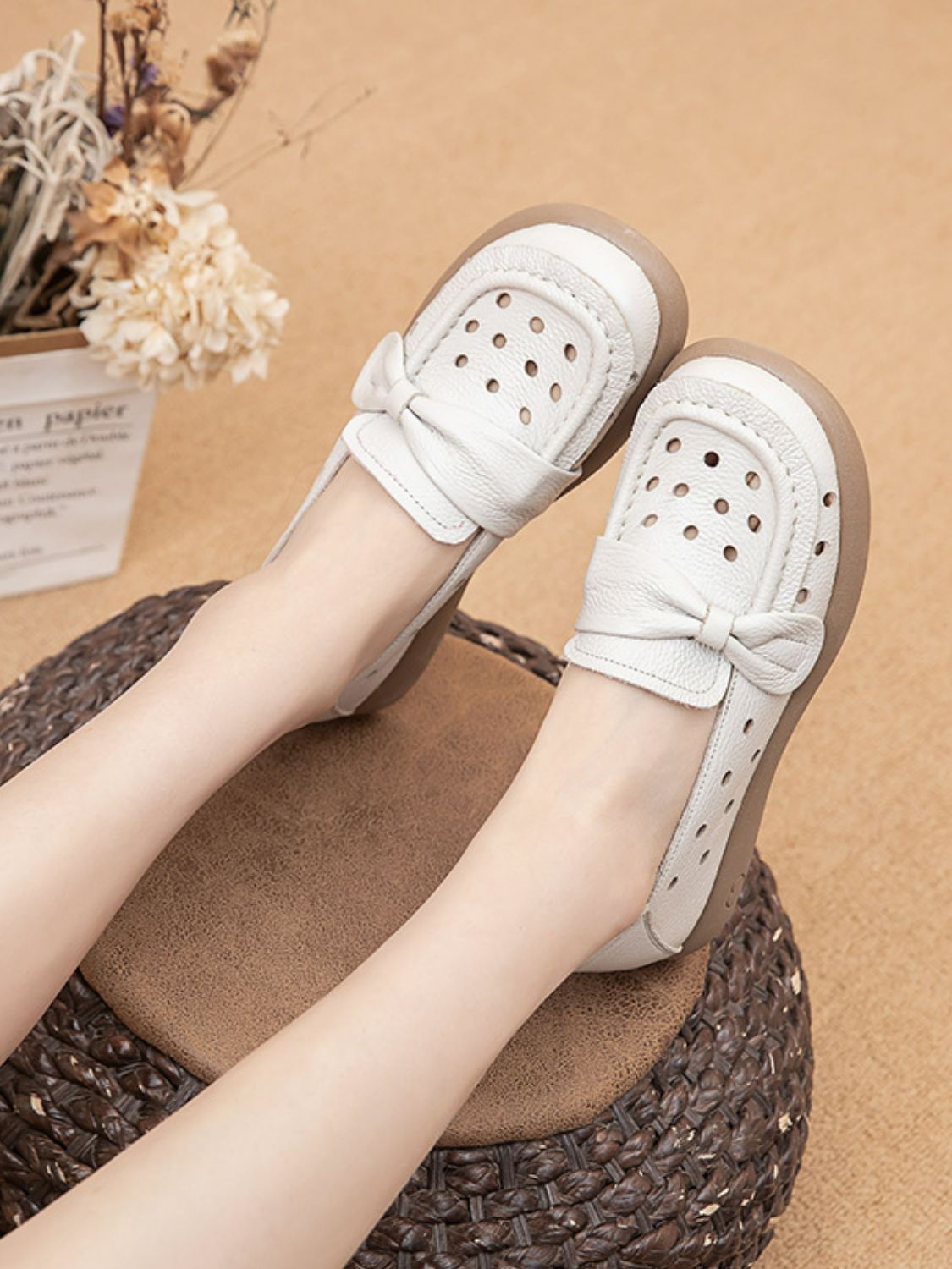 Bow Eyelet Round Toe Flat Loafers