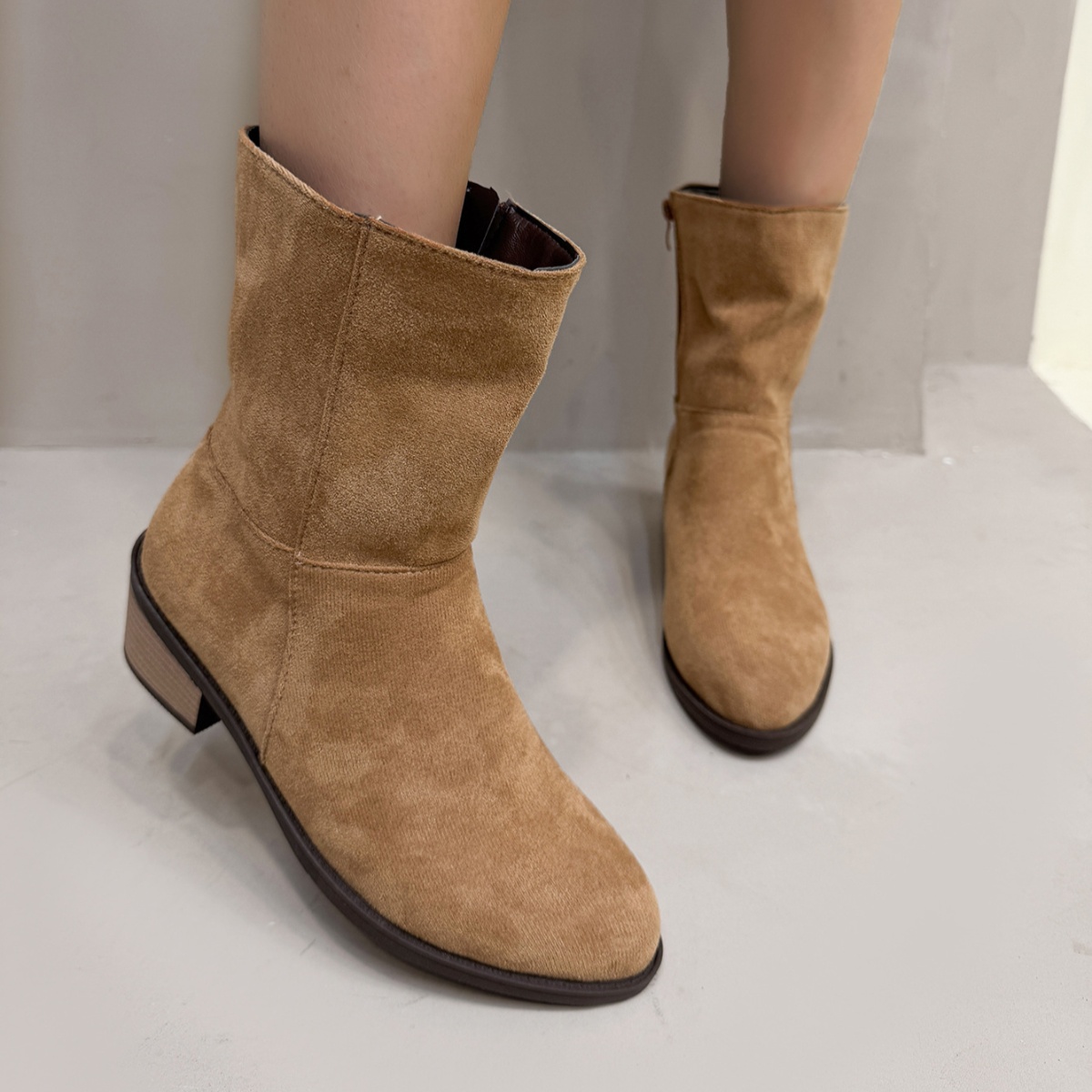 Round Toe Block Heels Ankle Boots