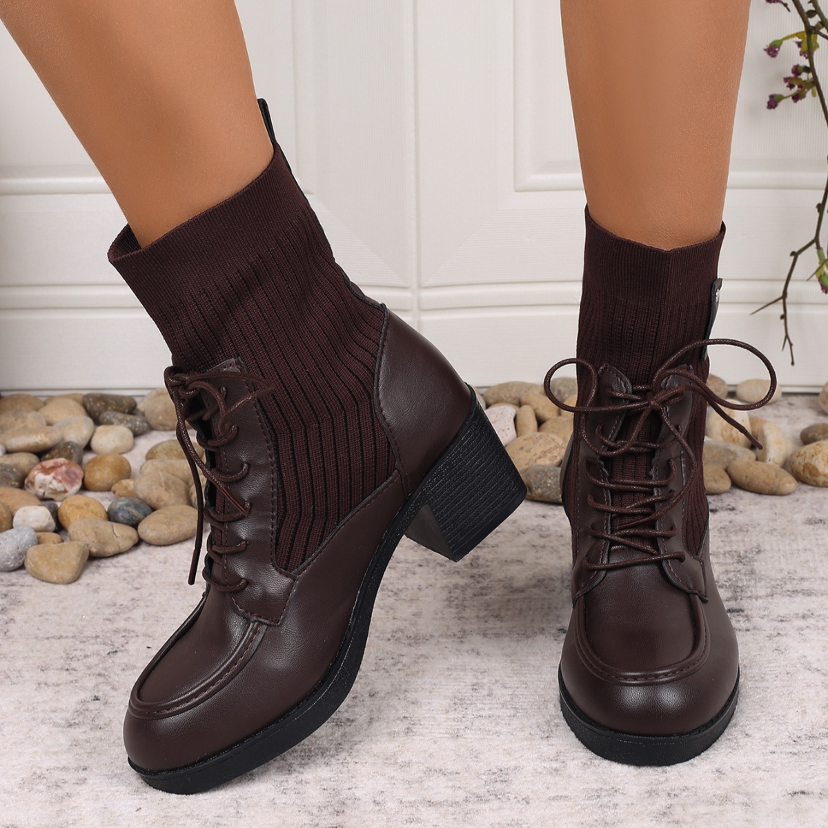 Lace Up Block Heels Boots