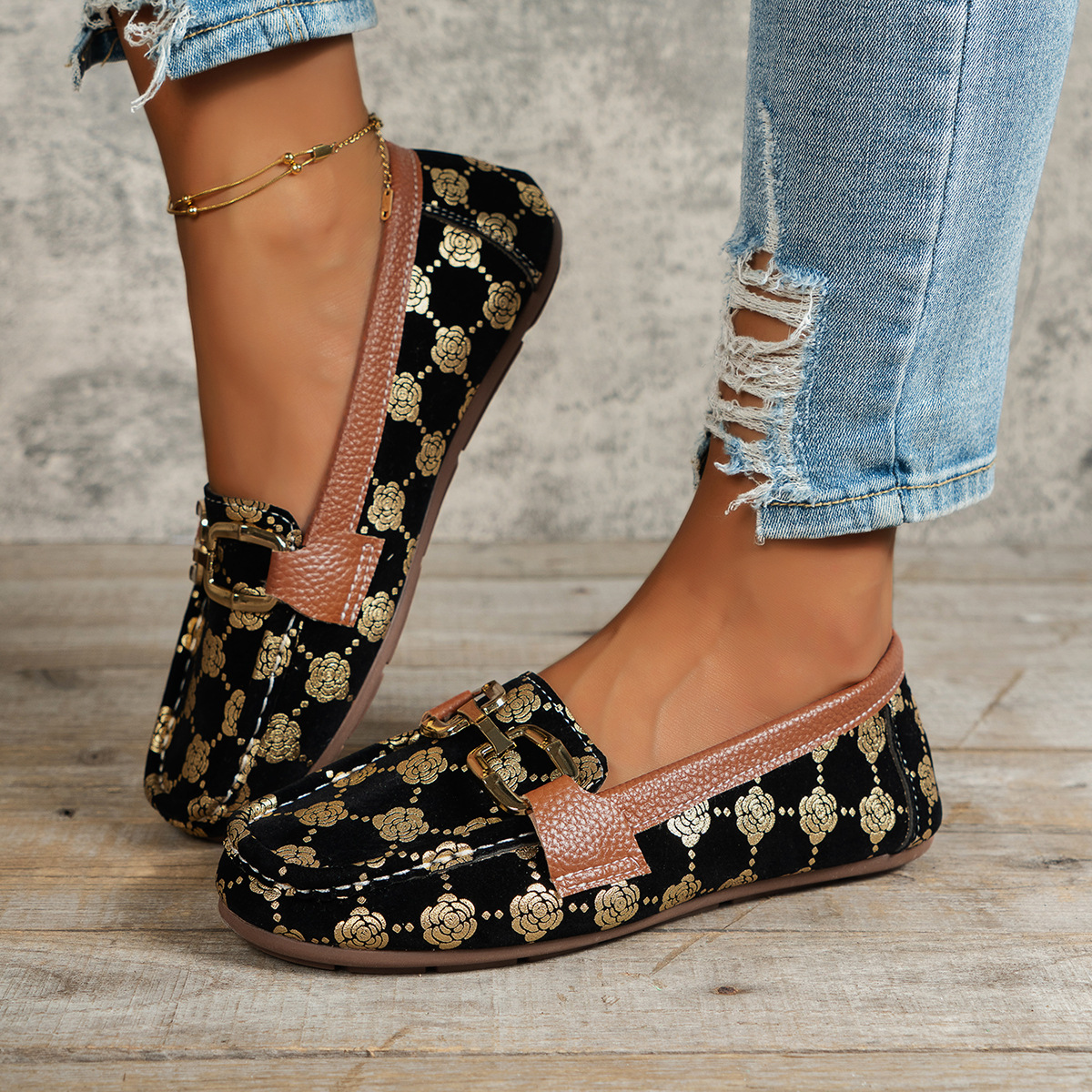 Floral PU Leather Flat Loafers