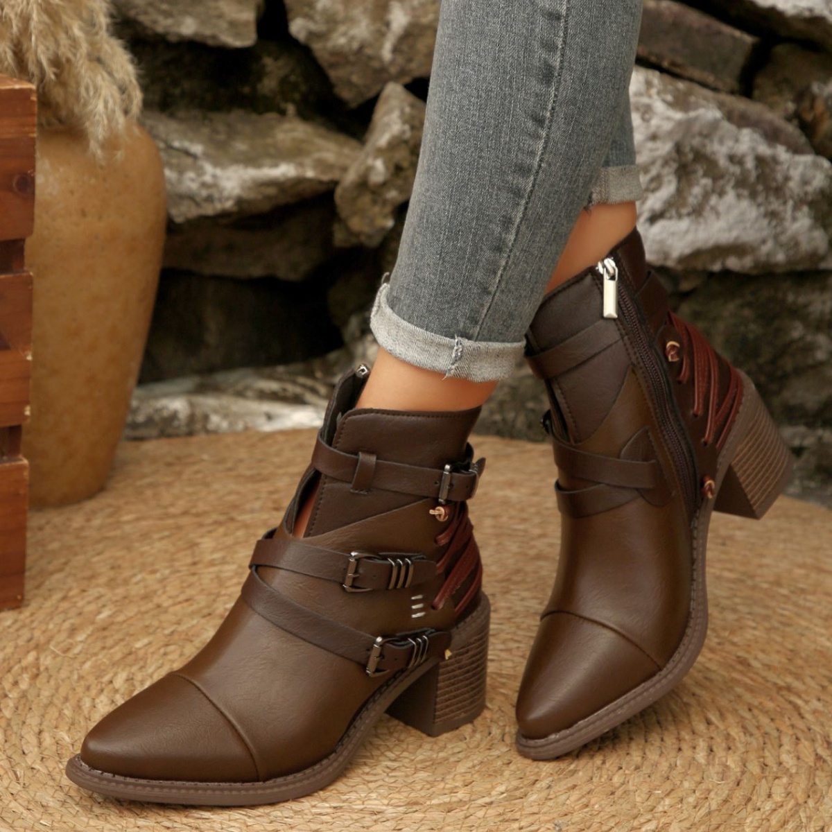 Point Toe Buckle Strap Ankle Boots with Block Heels