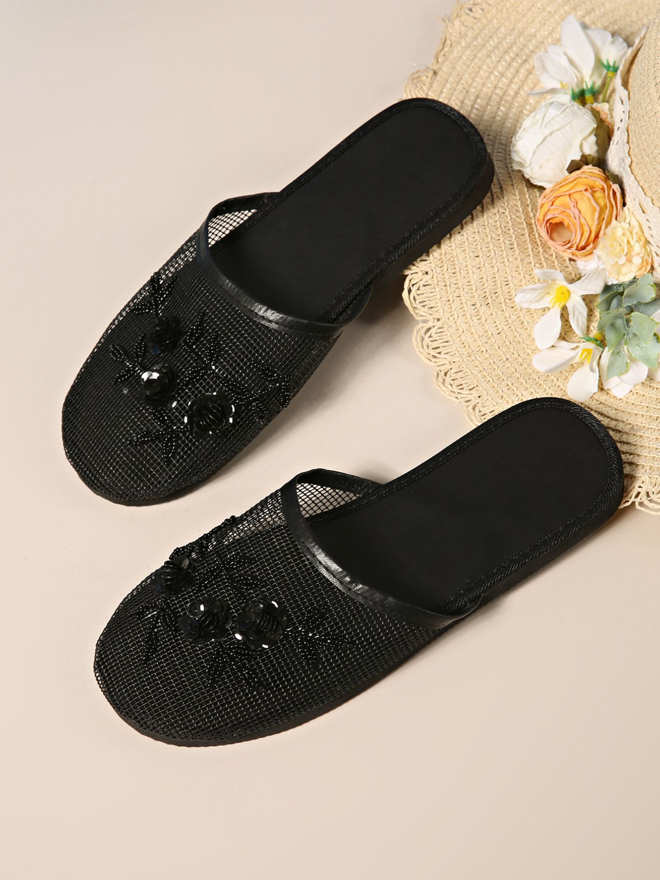 Mesh Floral Embroidered Slide Sandals