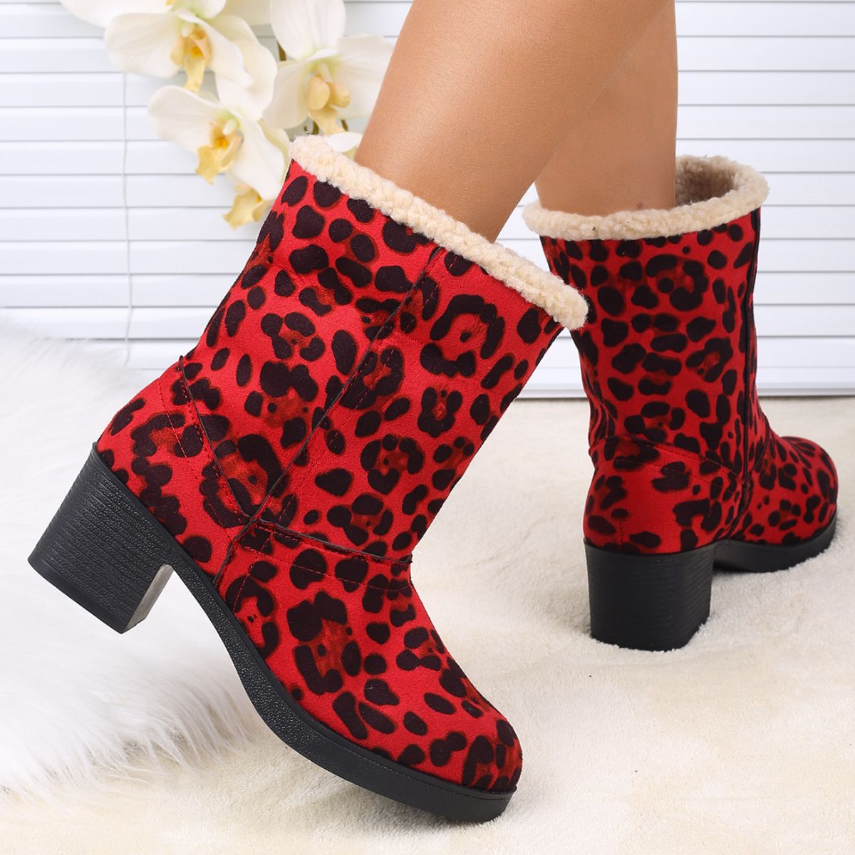Plush Cuff Block Heel Boots