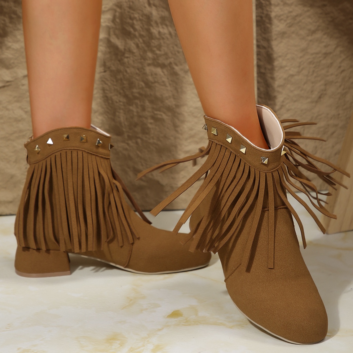 Fringe Ankle Boots with Studded Detail