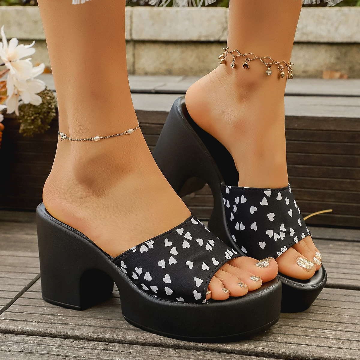 Heart Print Block Heel Sandals