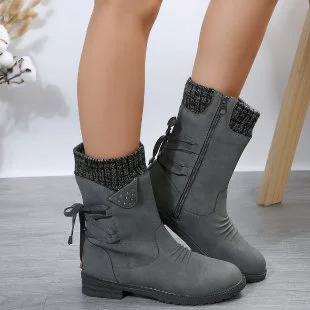 Knitted Cuff Round Toe Boots
