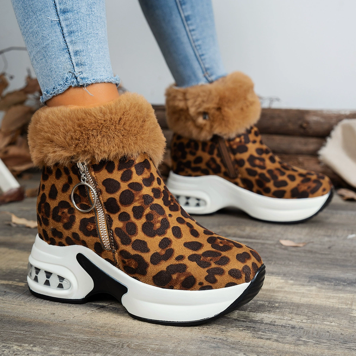 Fuzzy Side Zipper Platform Ankle Boots