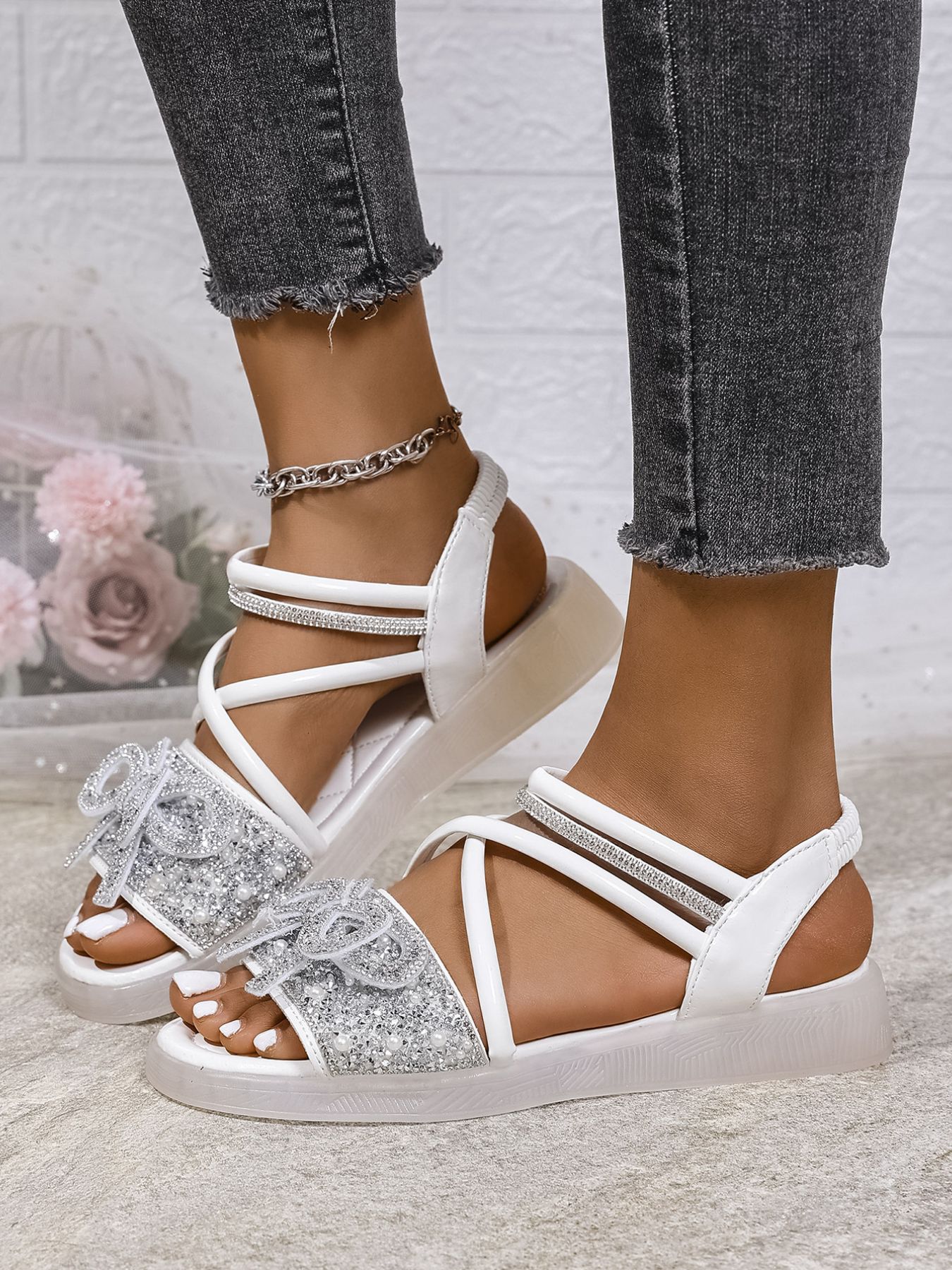 Bow Rhinestone Embellished Sandals