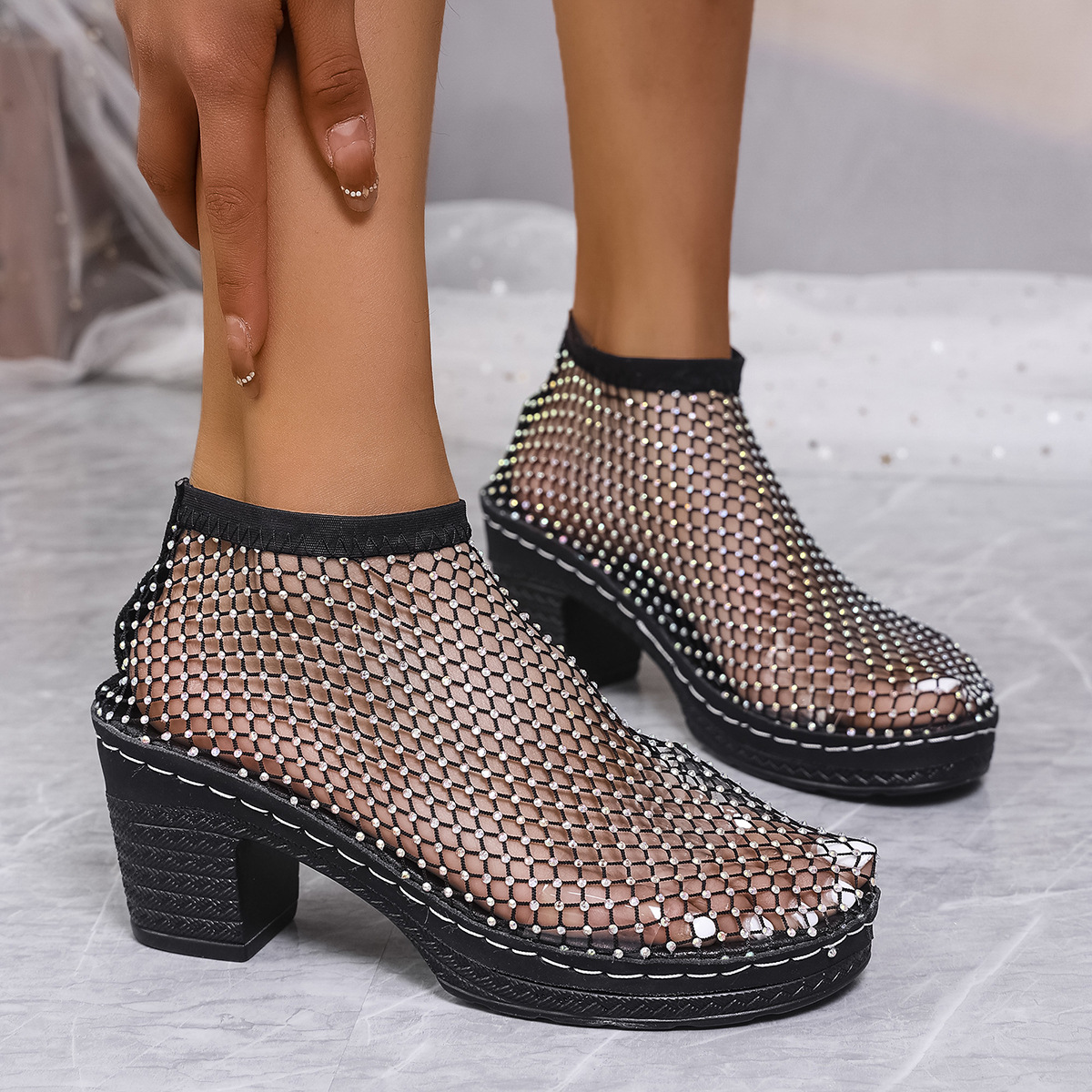 Rhinestone Block Heel Sandals