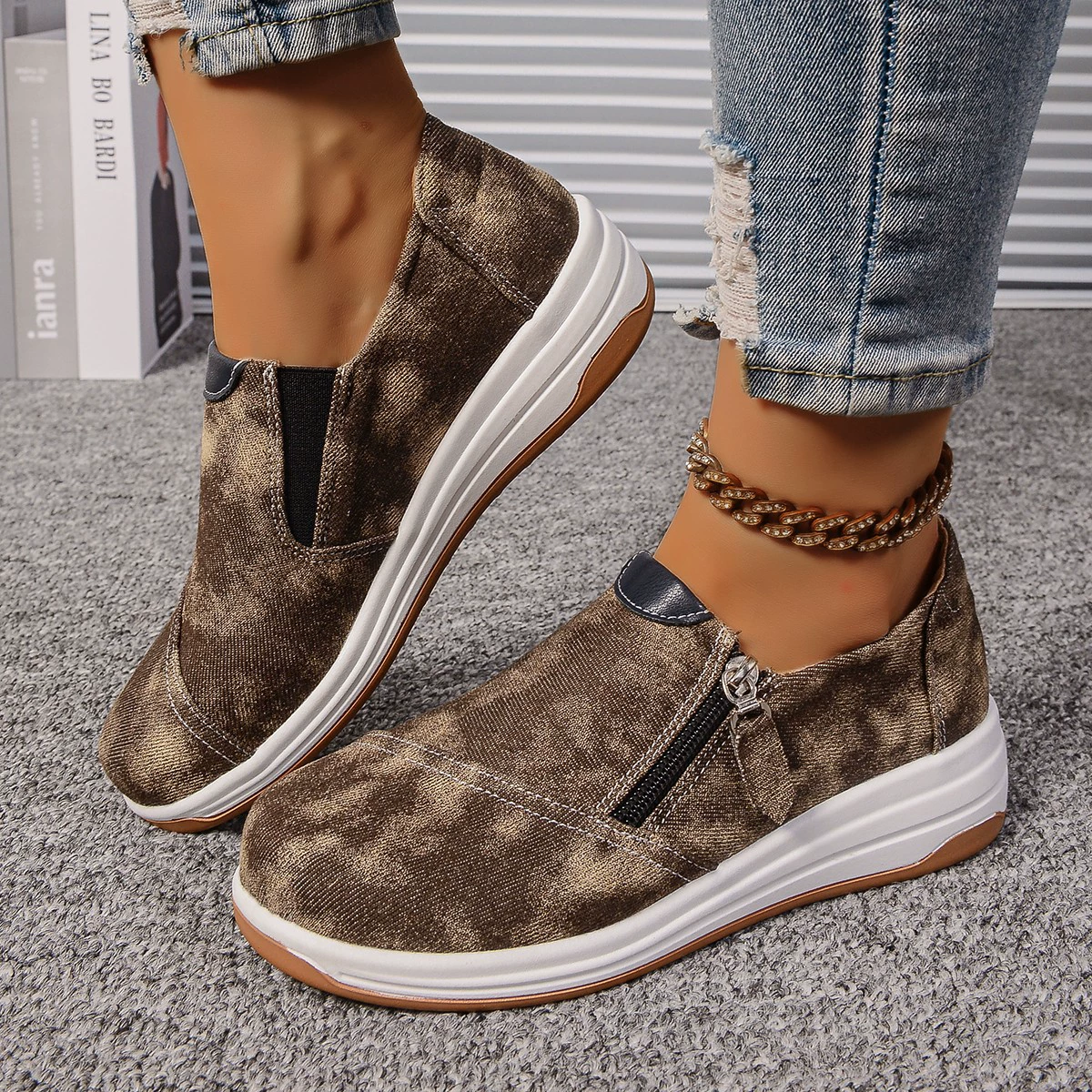 Zip Detail Round Toe Slip-Ons