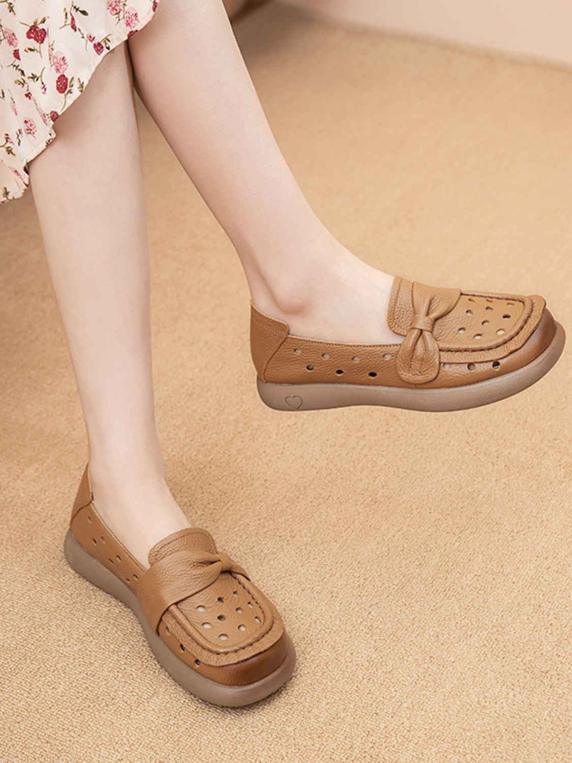 Bow Eyelet Round Toe Flat Loafers
