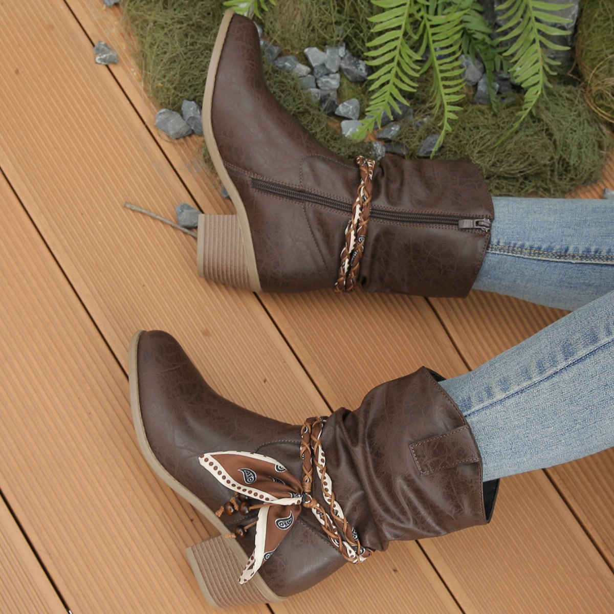 Braided Detail Western Boots with Block Heels