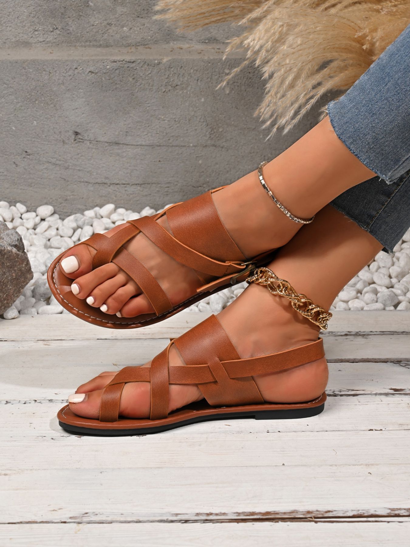 Leather Buckle Flat Sandals