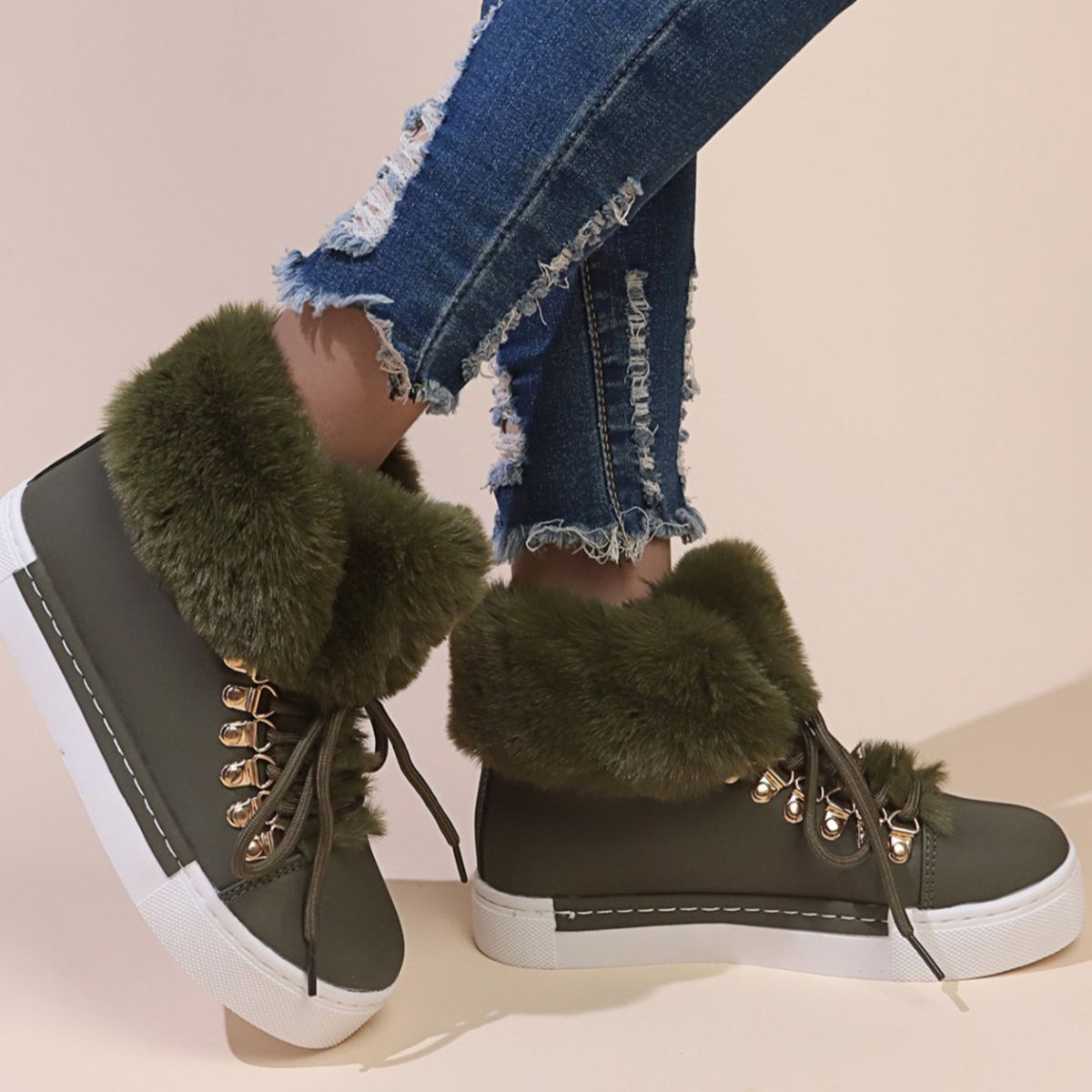Fuzzy Trim Lace-Up Ankle Boots