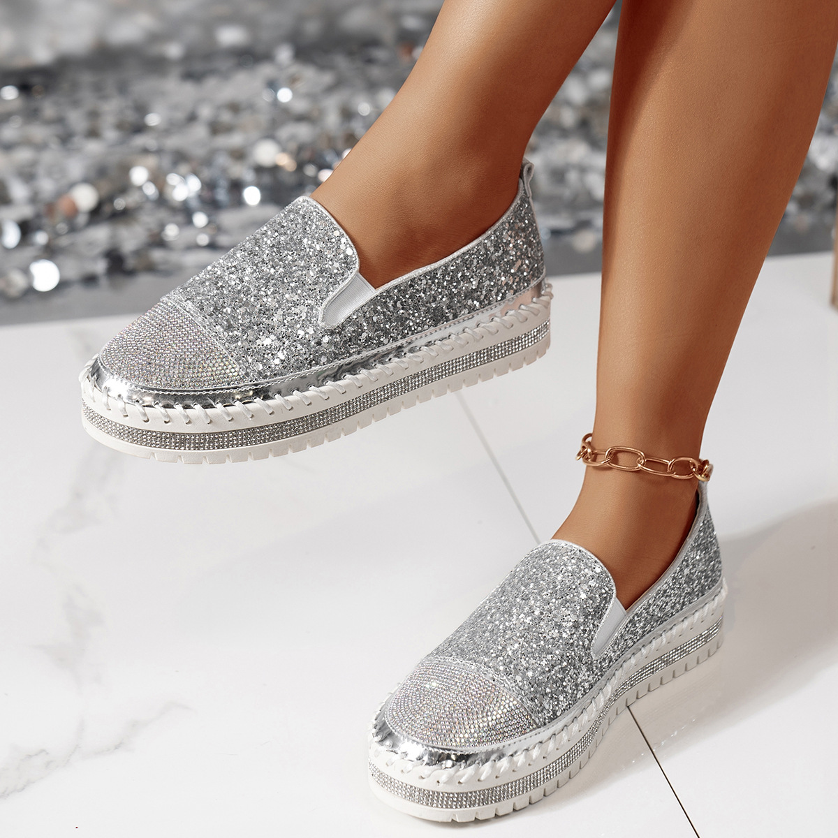Rhinestone Sequin Round Toe Platform Loafers