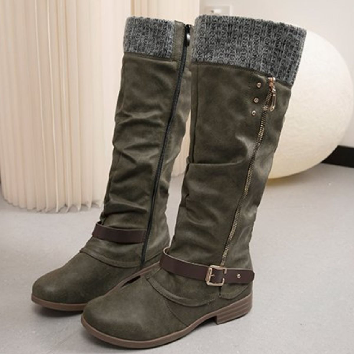 Knee High Slouch Boots with Knit Cuff