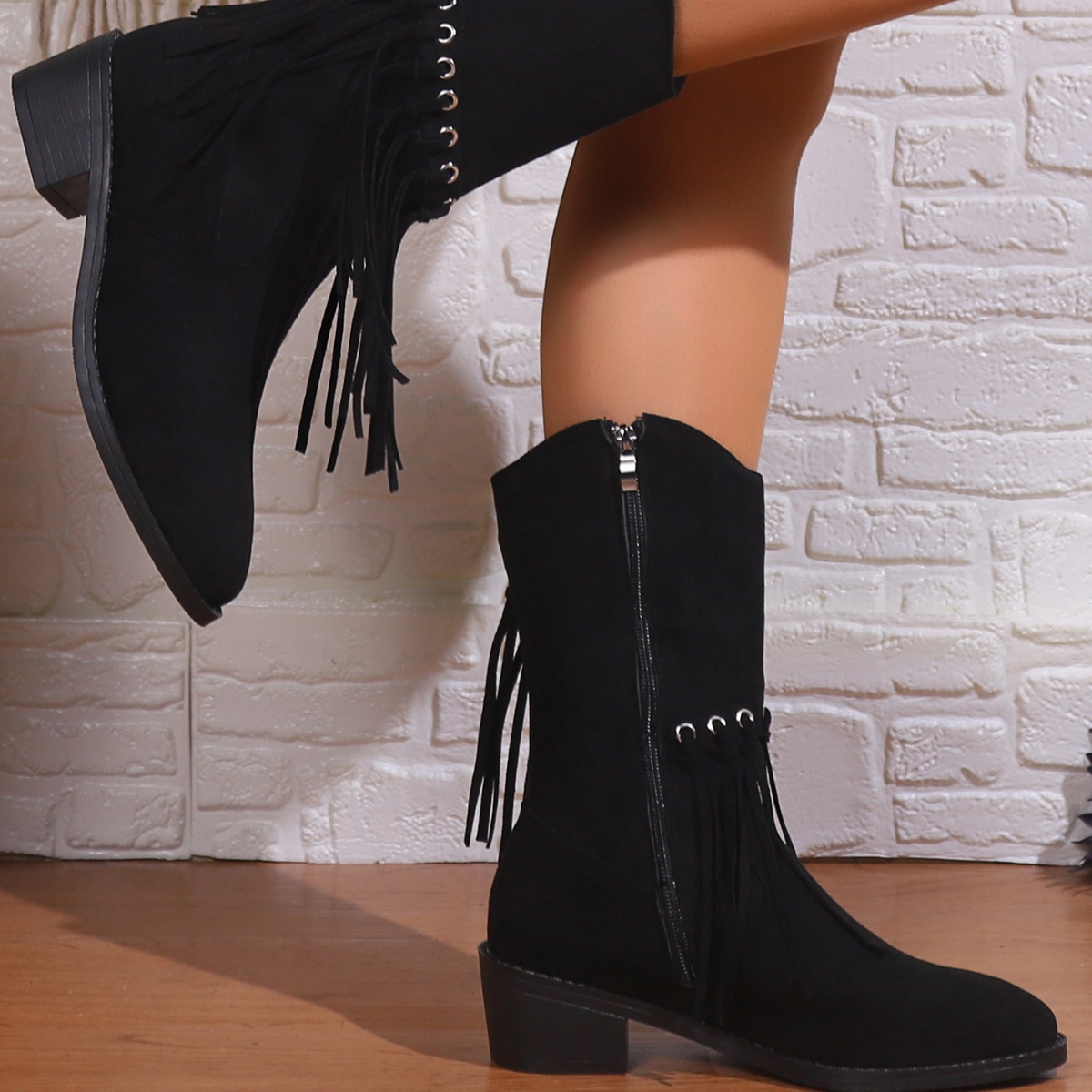 Fringe Western Block Heel Boots