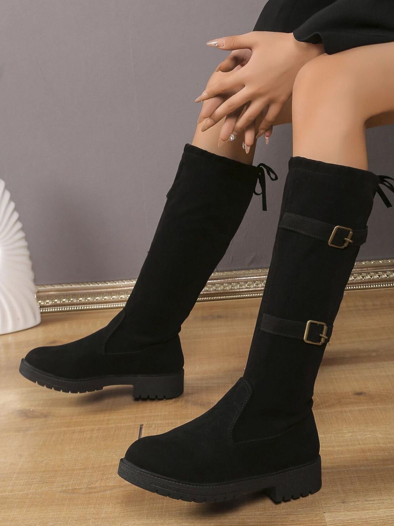Suede Knee-High Combat Boots with Double Buckle Straps