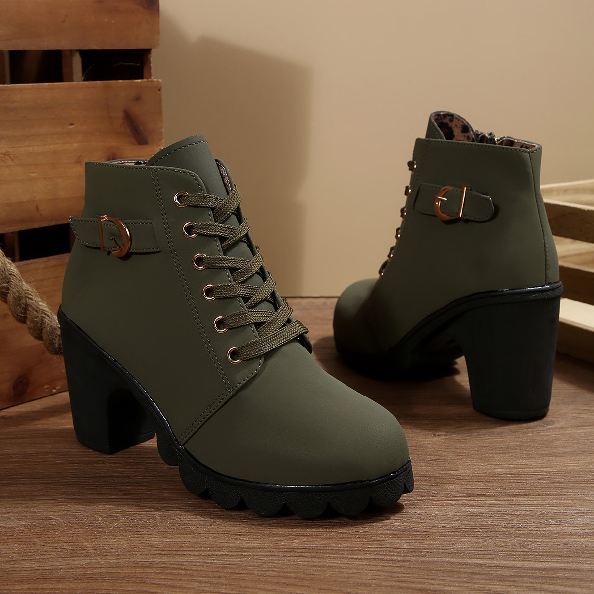 Lace Up Block Heels Boots