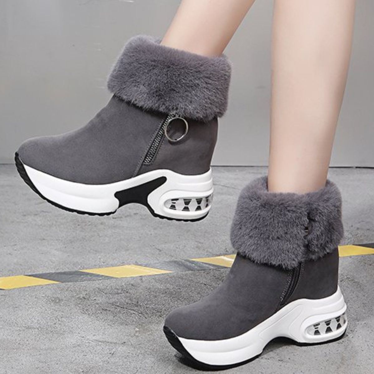 Fuzzy Side Zipper Platform Ankle Boots