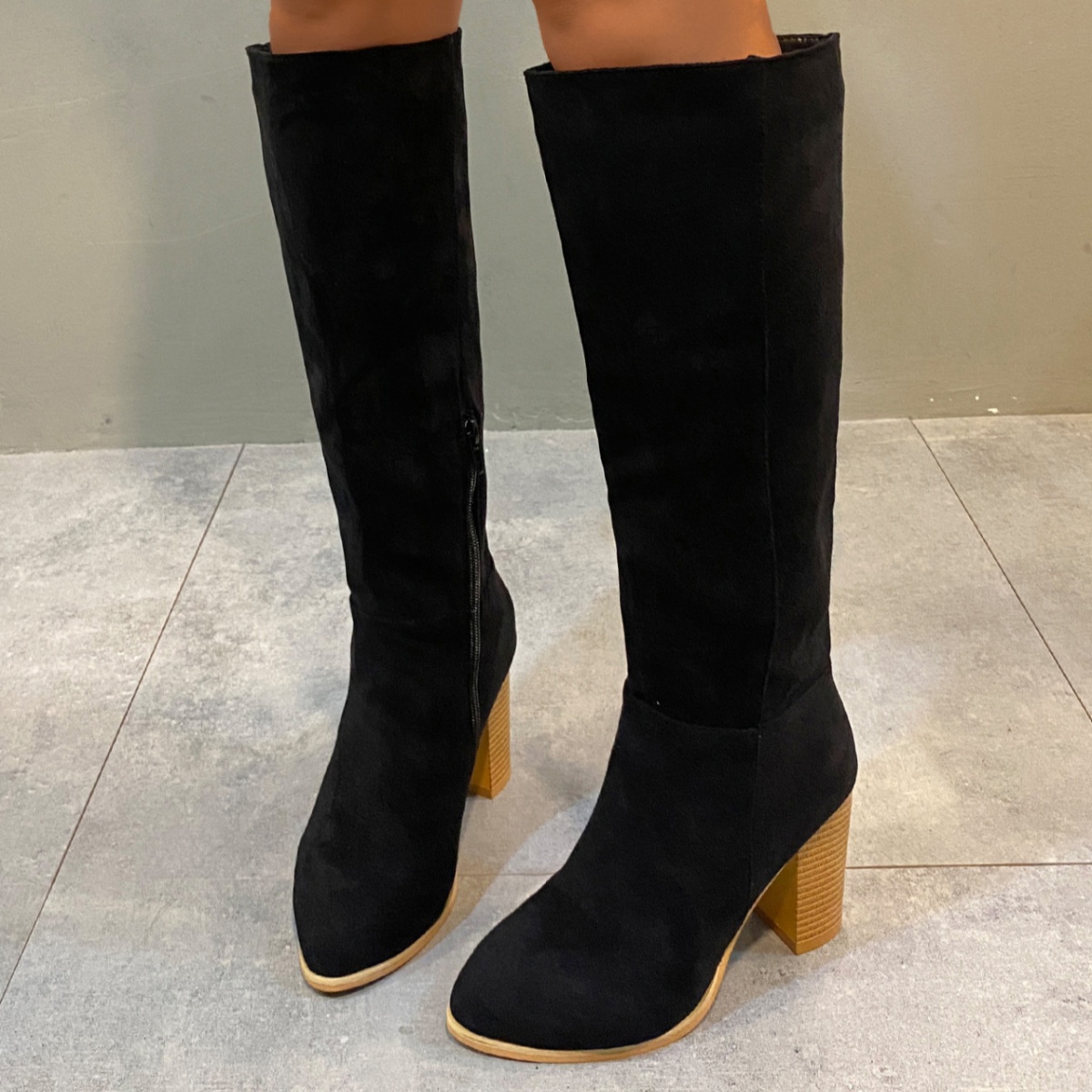 Point Toe Knee-High Suede Block Heel Boots