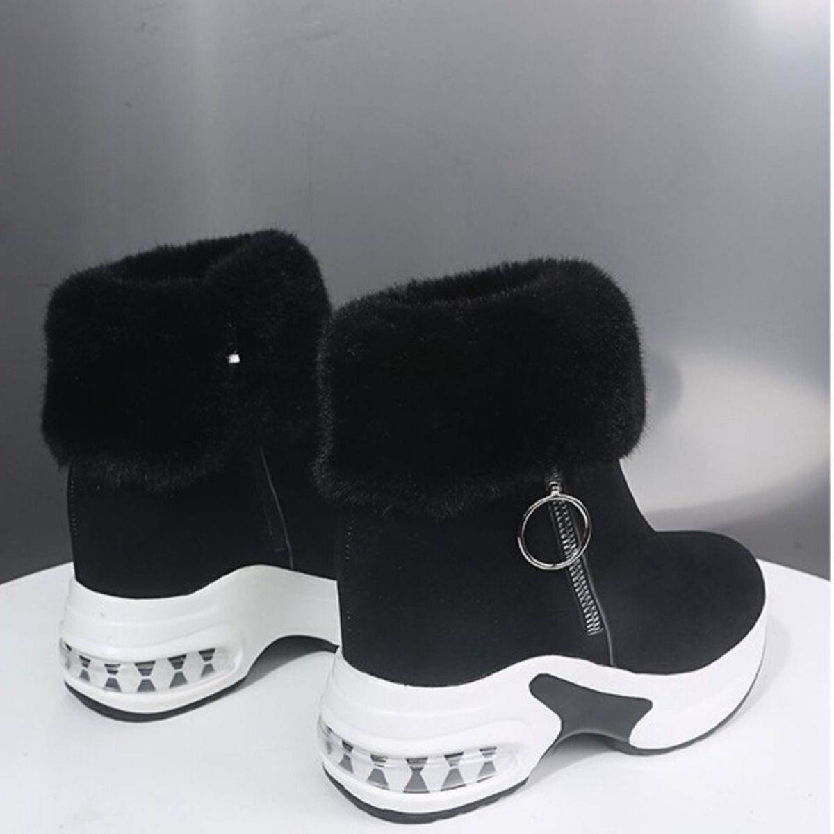 Fuzzy Side Zipper Platform Ankle Boots
