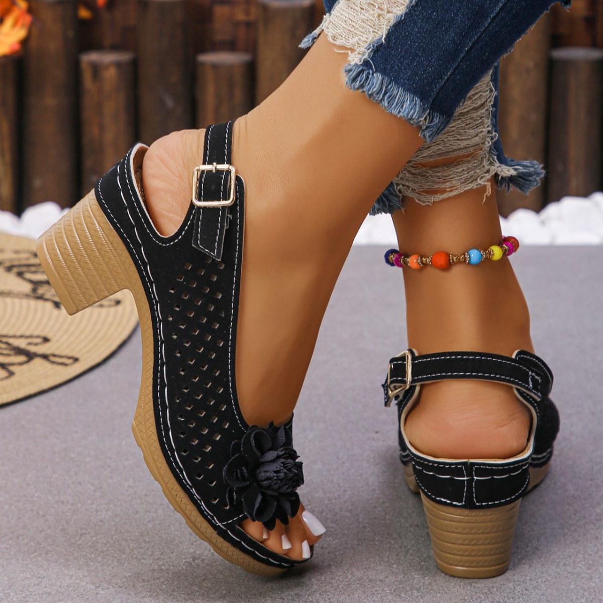 Floral Accent Block Heel Sandals