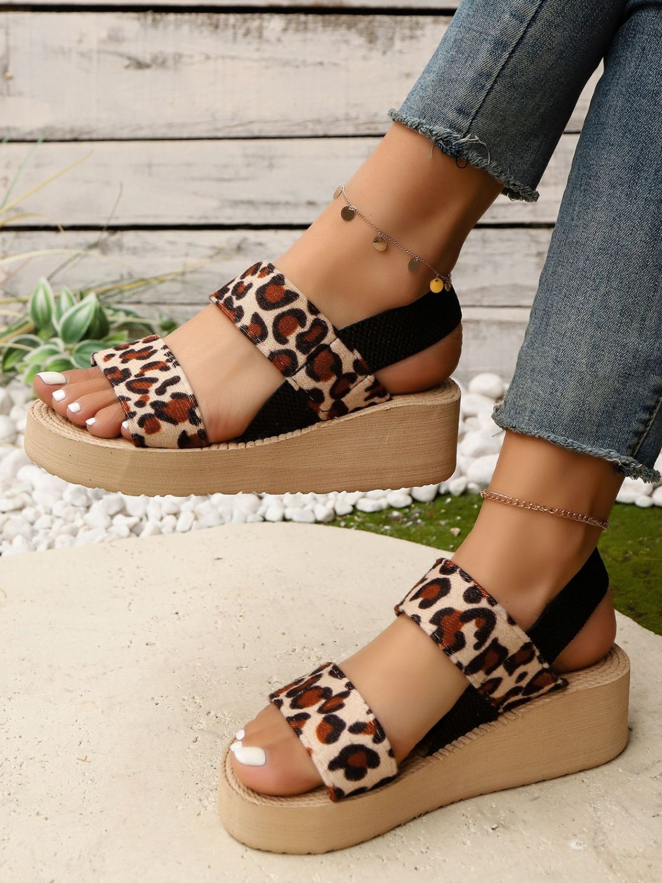 Leopard Open Toe Wedge Sandals