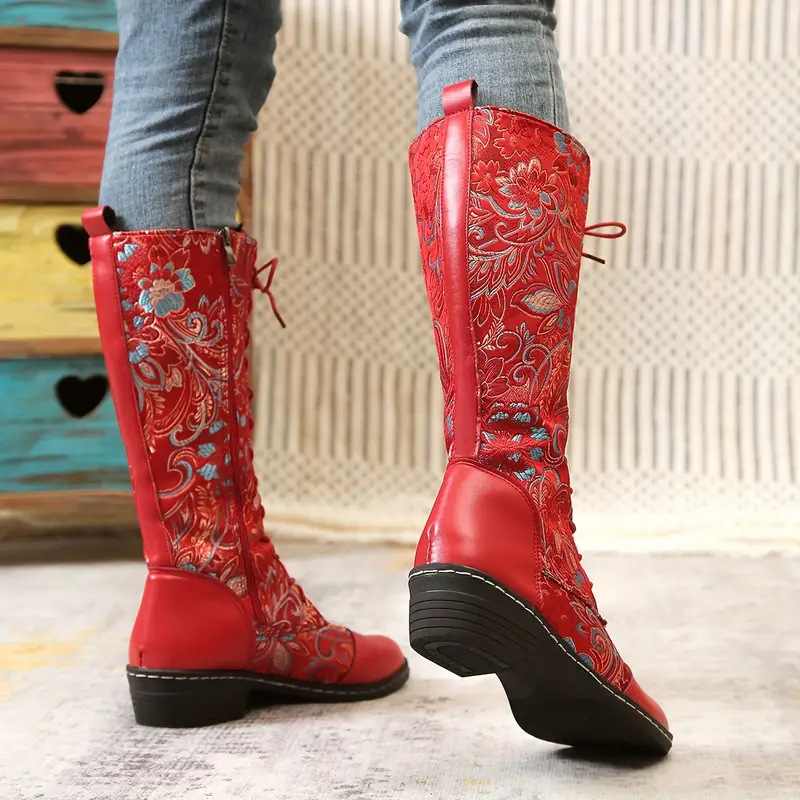 Embroidered Lace-Up Knee High Boots