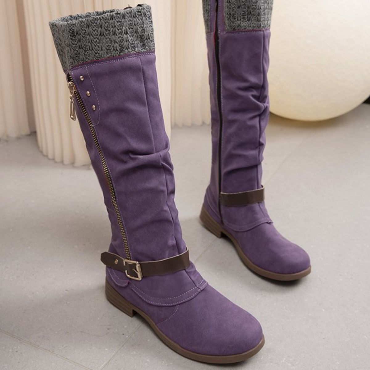 Knee High Slouch Boots with Knit Cuff