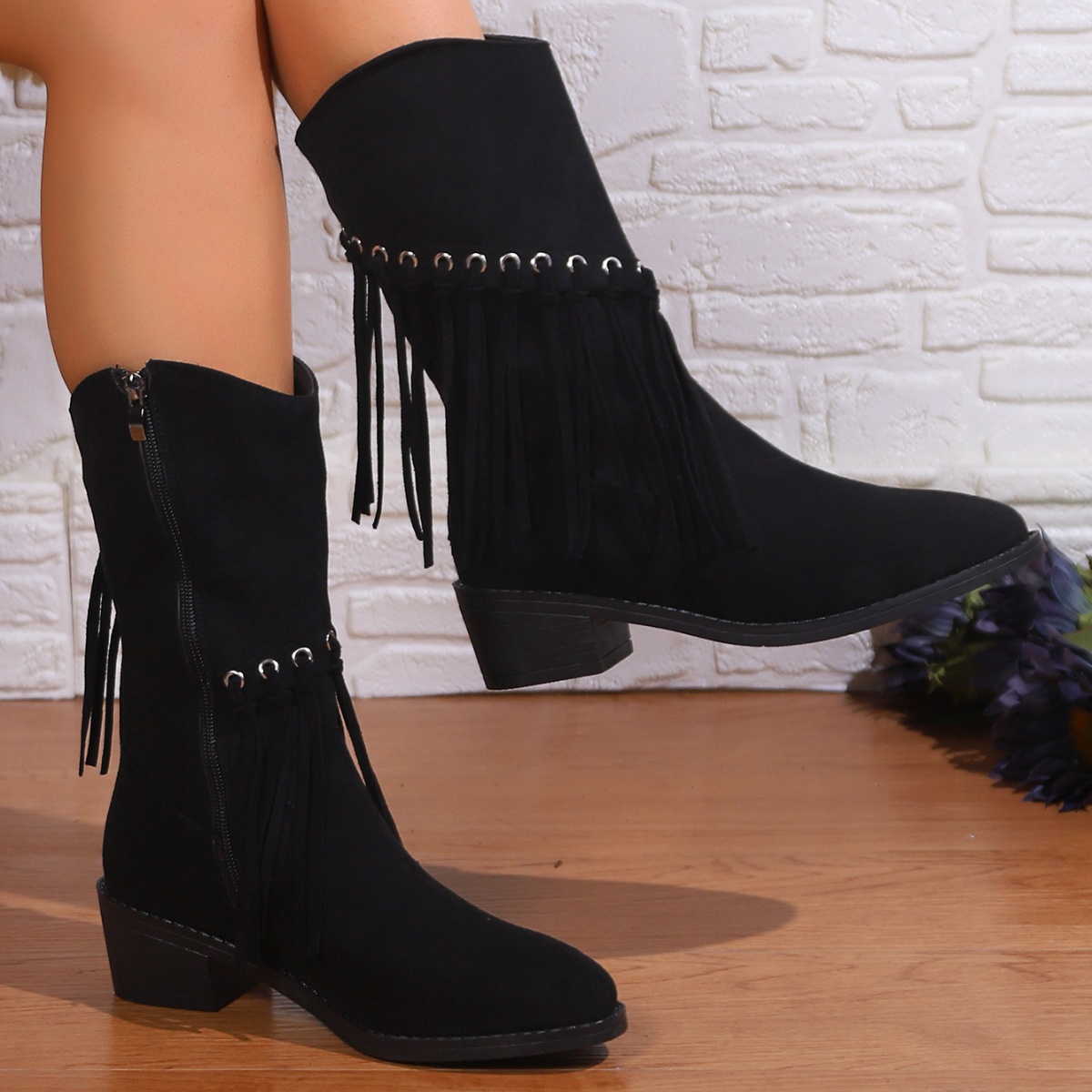Fringe Western Block Heel Boots