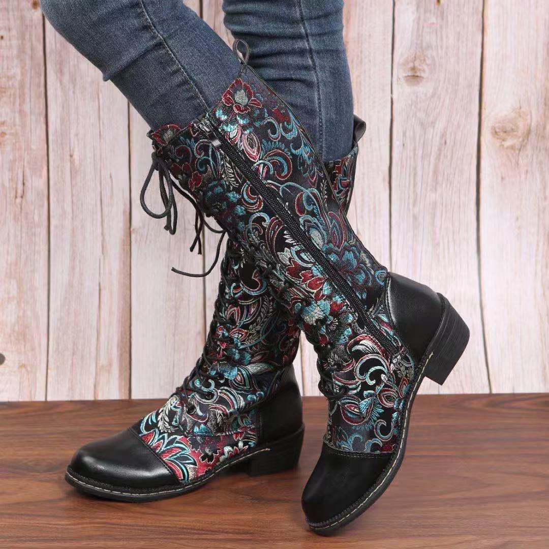 Embroidered Lace-Up Block Heel Boots