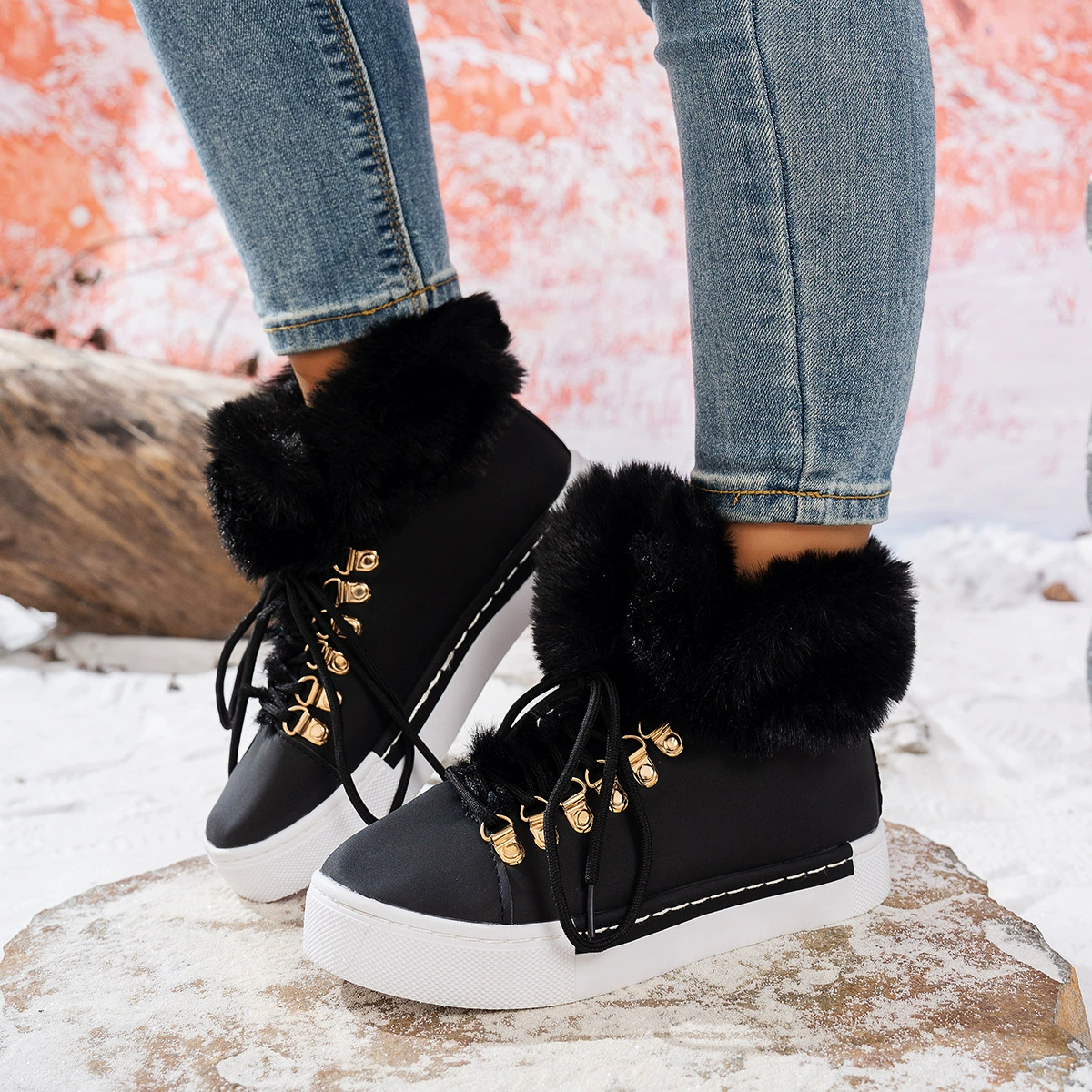 Fuzzy Trim Lace-Up Ankle Boots