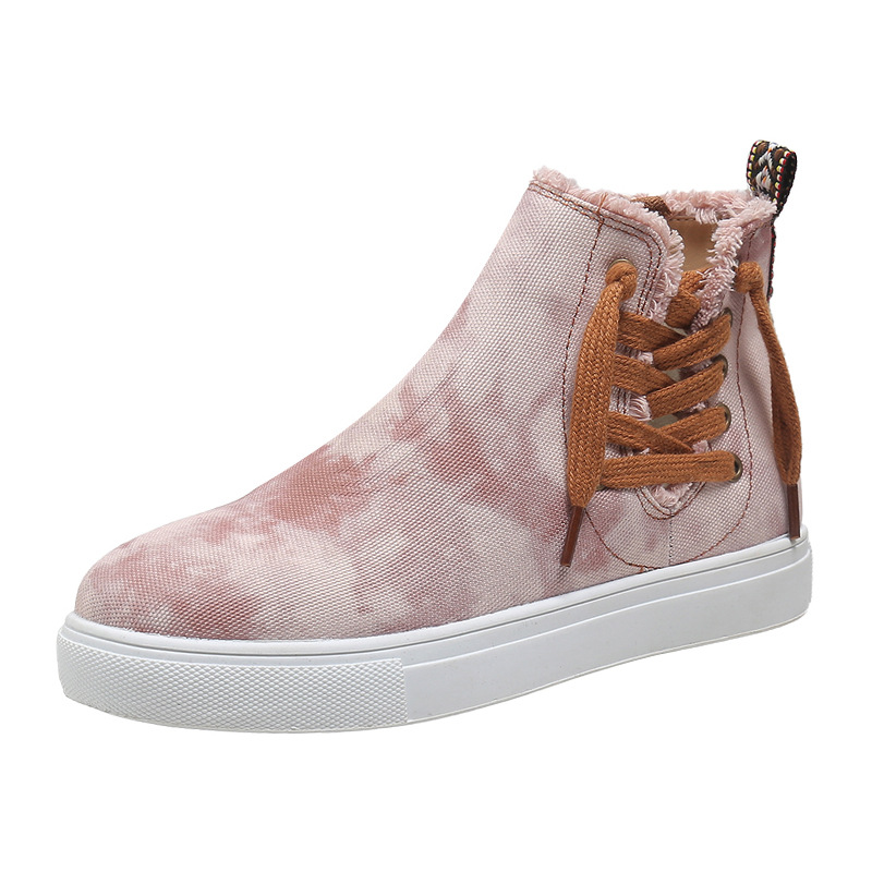 Lace-Up Round Toe Canvas Boots with Side Zip
