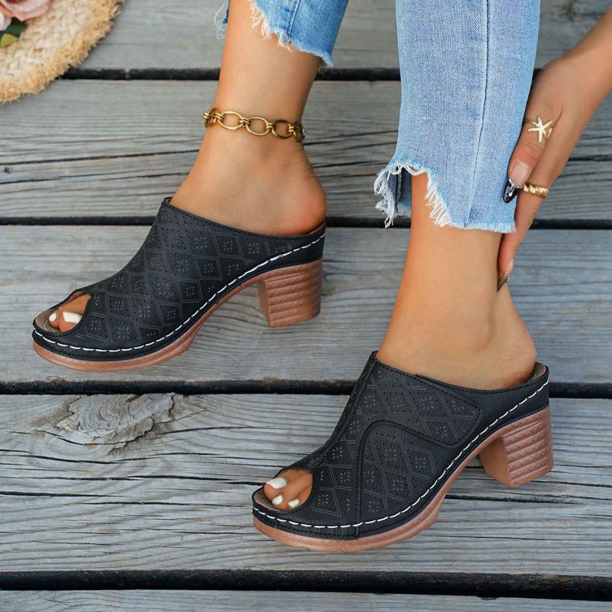 Peep Toe Block Heel Sandals