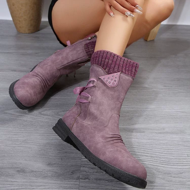 Knitted Cuff Round Toe Boots