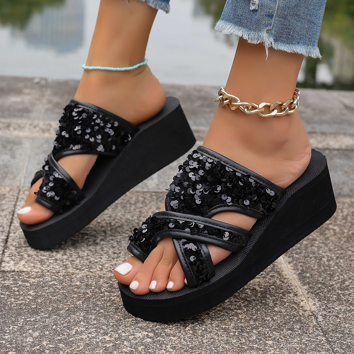 Sequin Platform Wedge Sandals