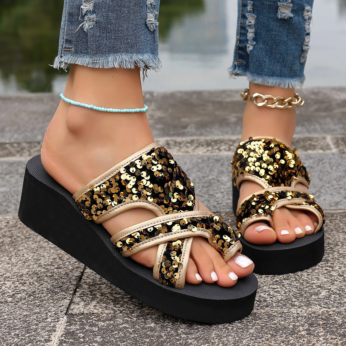 Sequin Platform Wedge Sandals