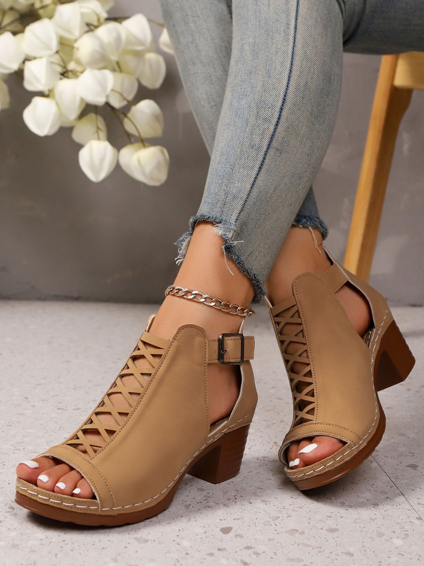 Crisscross Peep Toe Block Heels Sandals