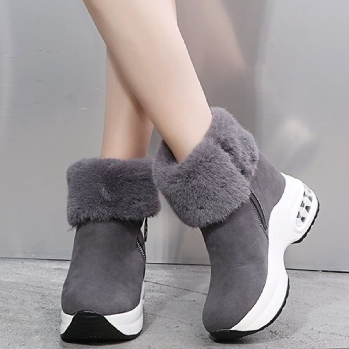 Fuzzy Side Zipper Platform Ankle Boots