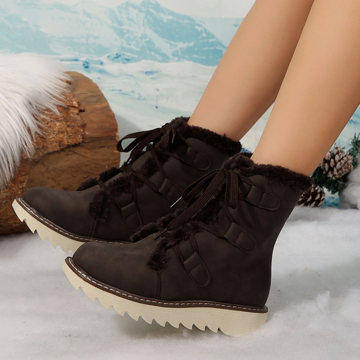 Fuzzy Trim Lace-Up Boots